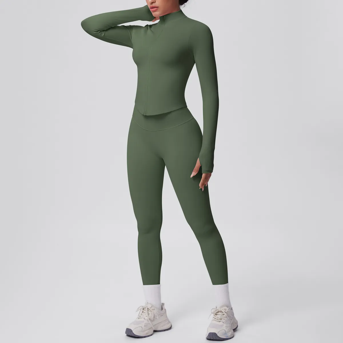 Women Casual Solid Color Seamless Zipper Long-Sleeve Top Tight High Waist Leg-Bundled Pants Sports Yoga Two-Piece Set