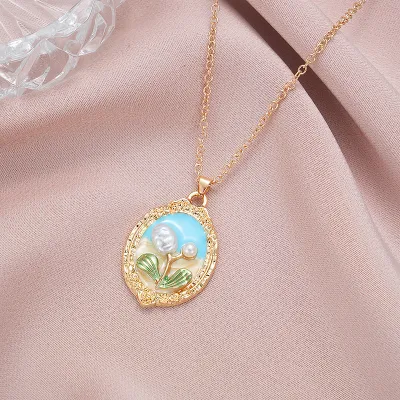 Women Fashion Flower Oil Painting Multicolor Pearl Necklace