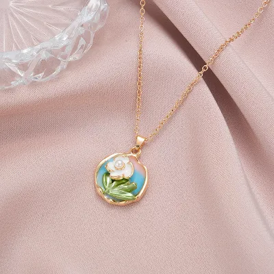 Women Fashion Flower Oil Painting Multicolor Pearl Necklace