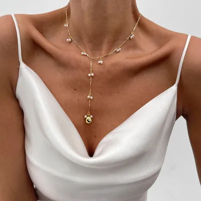 Women Vintage Simple Imitation Pearl Y-Shaped Tassel Clavicle Chain Necklace