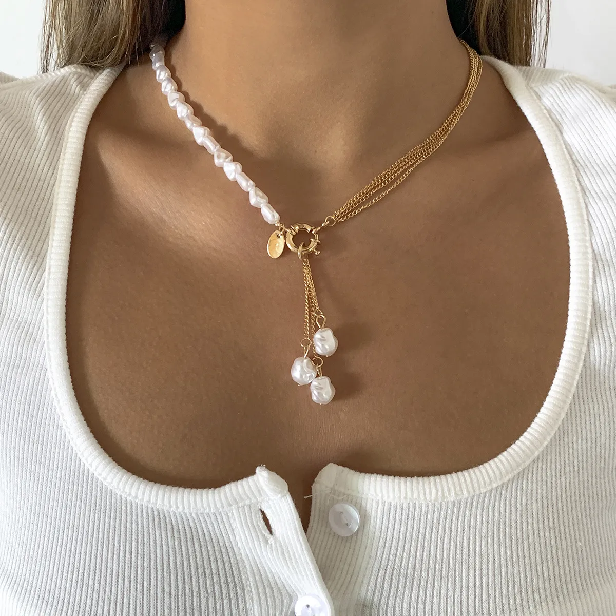 Fashion Asymmetric Imitation Pearl Tassel Necklace with Cross Chain
