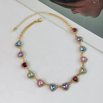 Women Fashion Simple Rhinestone Peach Heart Chain Necklace