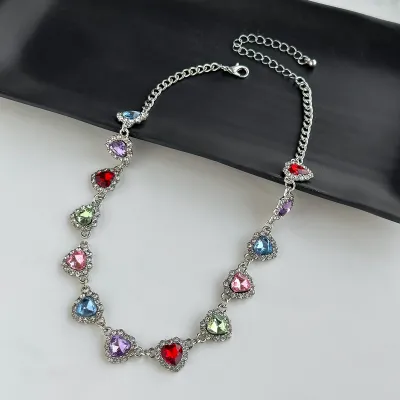 Women Fashion Simple Rhinestone Peach Heart Chain Necklace