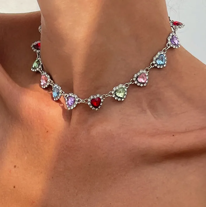 Women Fashion Simple Rhinestone Peach Heart Chain Necklace