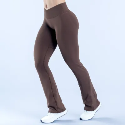 Women Fashion Solid Color Nylon Front V Waist Hip Seamless Flared Pants