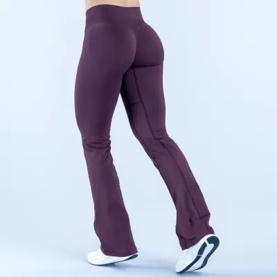 Women Fashion Solid Color Nylon Front V Waist Hip Seamless Flared Pants