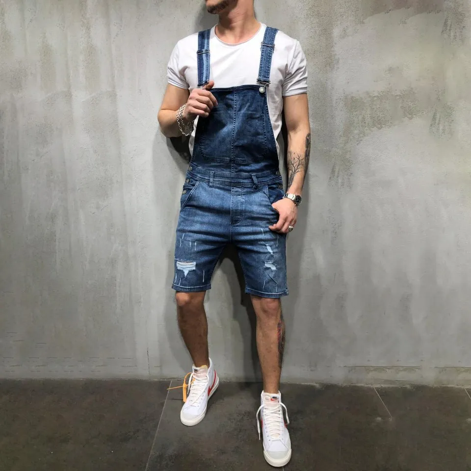 Men Fashion Casual Ripped Denim Overalls Shorts Suspenders