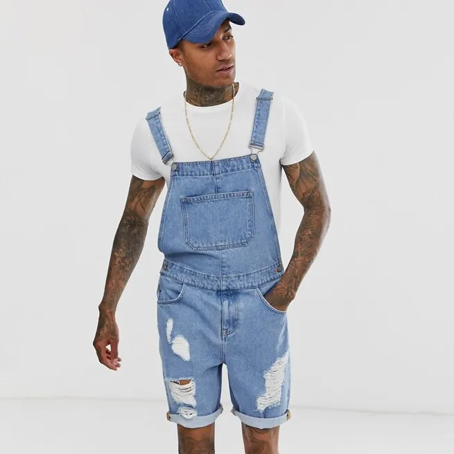 Men Casual Retro Ripped Denim Overalls Suspenders Straight Tube