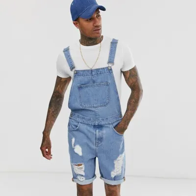 Men Casual Retro Ripped Denim Overalls Suspenders Straight Tube