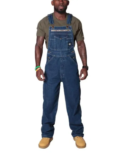 Men Fashion Casual Pockets Denim Overalls Suspenders Mid-Waist Long Straight Tube