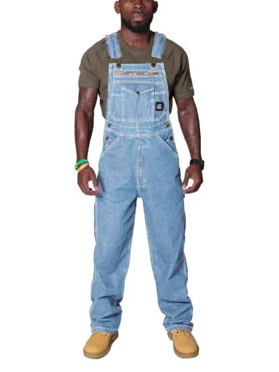 Men Fashion Casual Pockets Denim Overalls Suspenders Mid-Waist Long Straight Tube