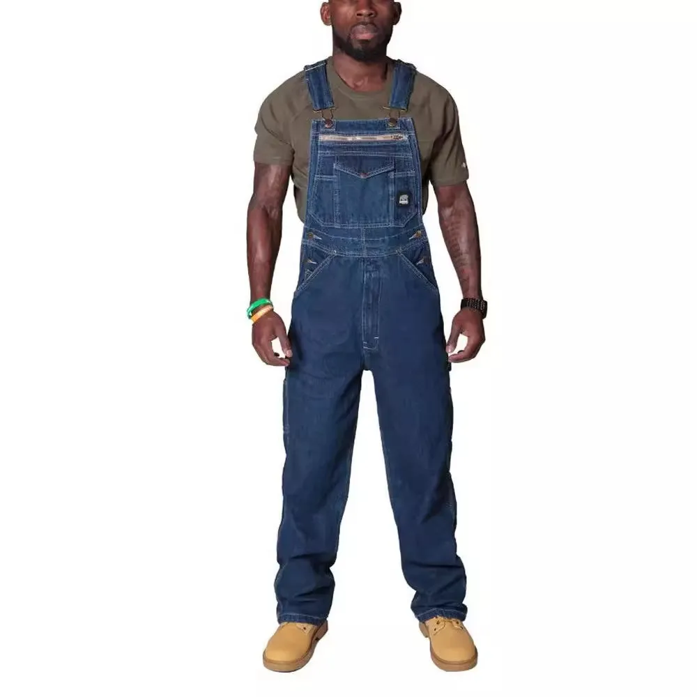 Men Fashion Casual Pockets Denim Overalls Suspenders Mid-Waist Long Straight Tube