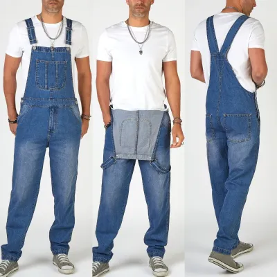 Men Casual Denim Suspenders Overalls Straight Long