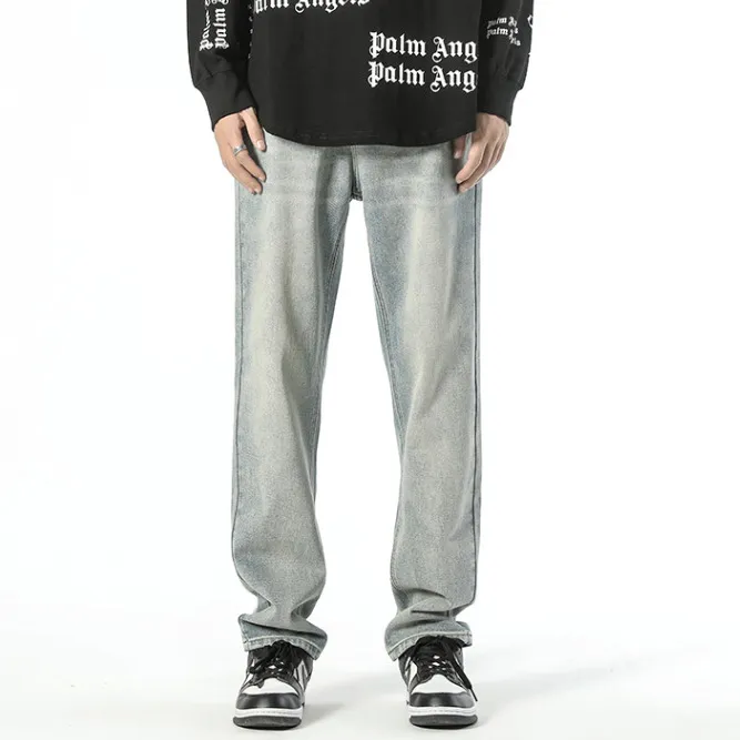 Men Fashion Casual Embroidered Pocket Loose Buckle Straight Leg Jeans
