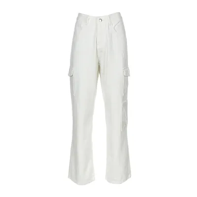 Women Casual High Waist Loose Cargo Pocket Jeans
