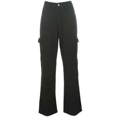 Women Casual High Waist Loose Cargo Pocket Jeans
