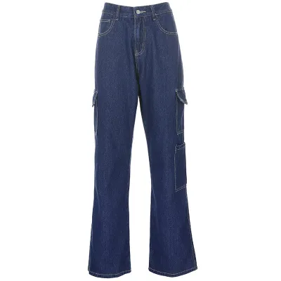 Women Casual High Waist Loose Cargo Pocket Jeans