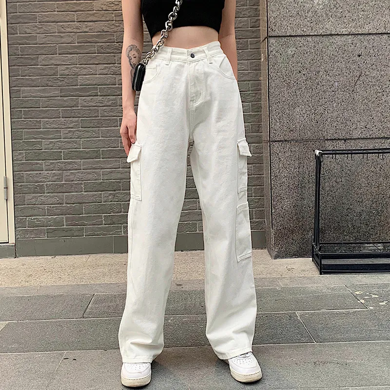 Women Casual High Waist Loose Cargo Pocket Jeans