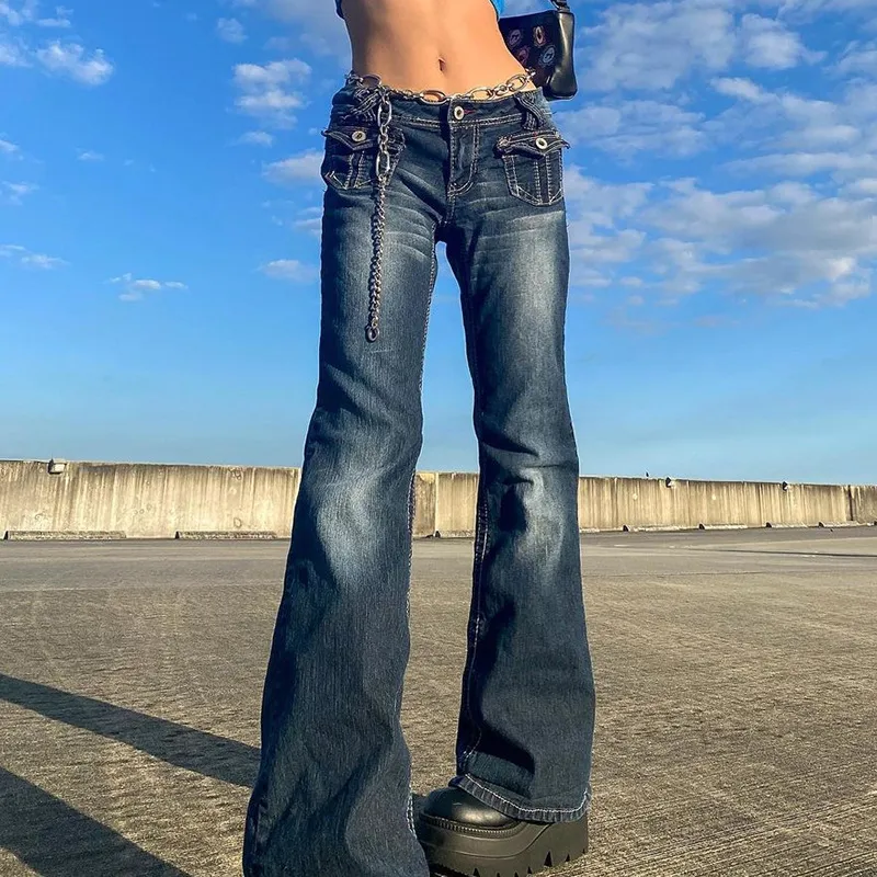 Women Fashion Retro Low Waist Pocket Bootcut Jeans
