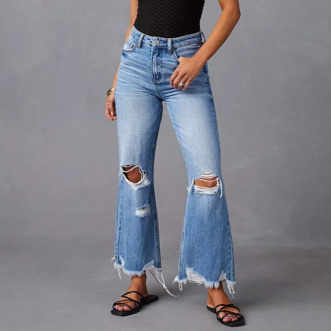 Women Fashion Ripped Tassel High Waist Straight Flared Jeans