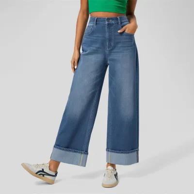 Women Fashion Casual High Waist Straight Wide Leg Cotton Jeans