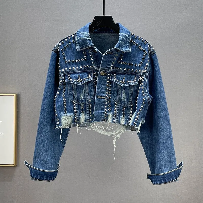 Women Fashion Casual Solid Color Rivet Denim Jacket