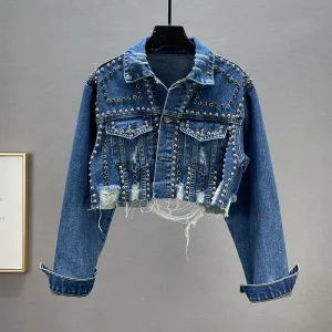 Women Fashion Casual Solid Color Rivet Denim Jacket