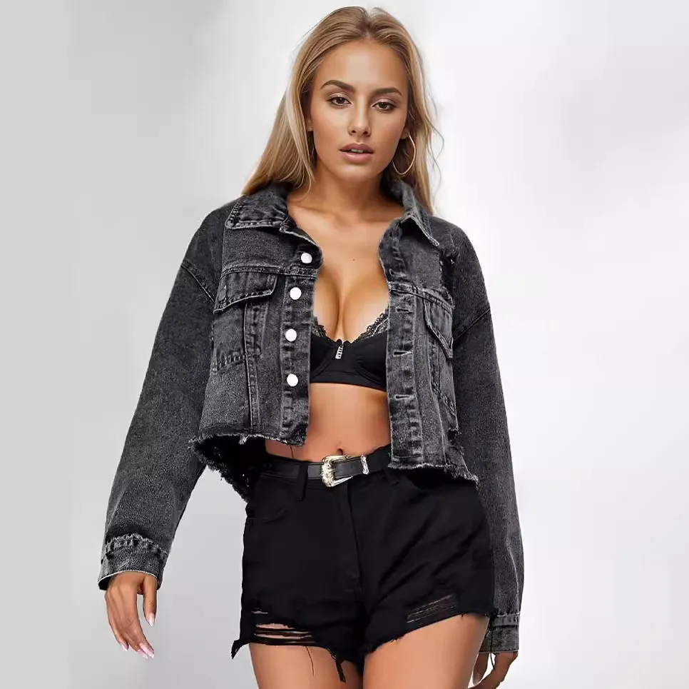 Women Fashion Casual Solid Color Ripped Lapel Long-Sleeve Denim Jacket