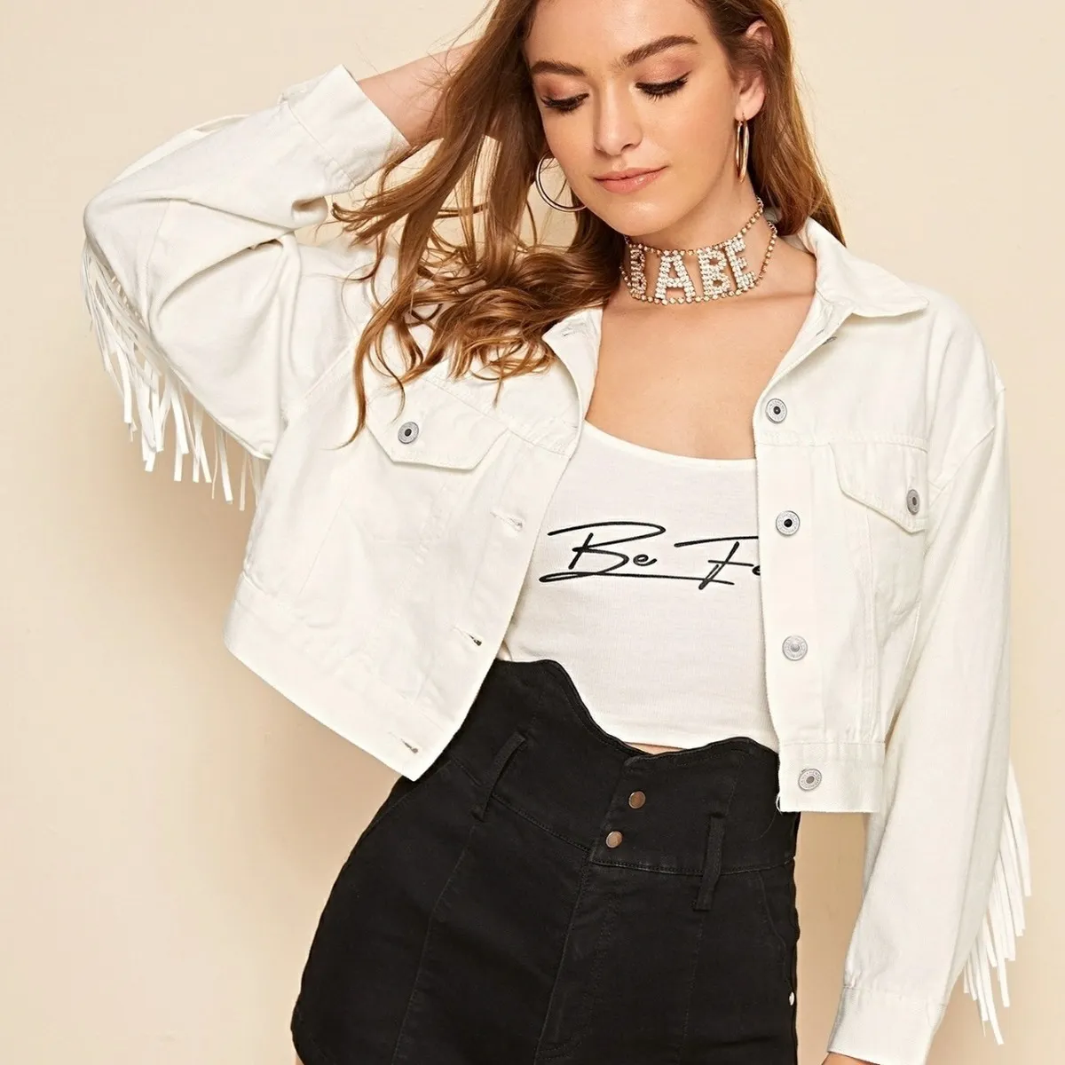 Women Fashion Casual Solid Color Tassel Denim Jacket