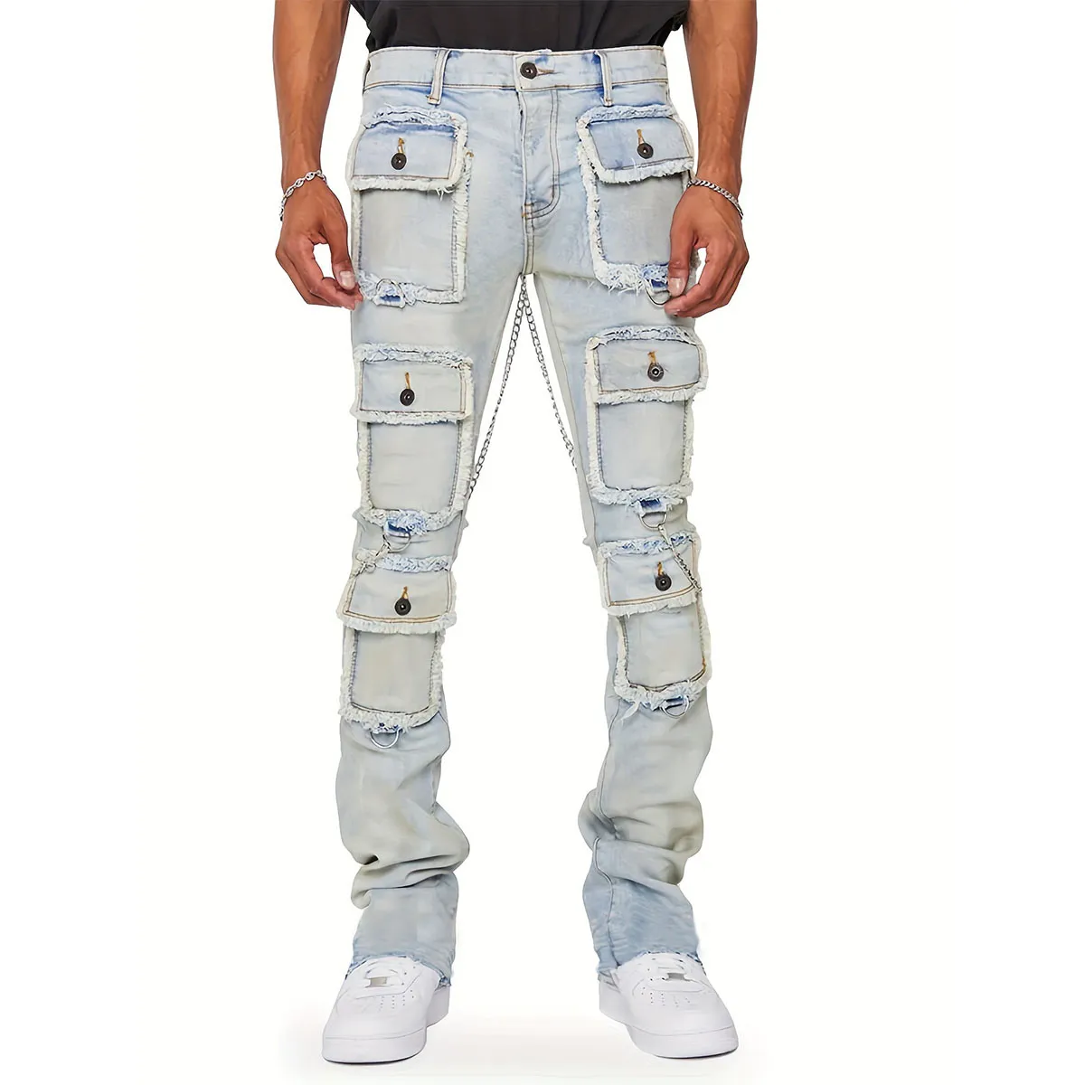 Men's Fashion Casual Denim Straight Leg Cargo Pants Multi-Pocket High Waist