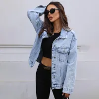 Chaqueta vaquera informal de manga larga con solapa para mujer