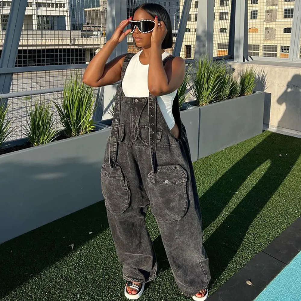 Women Casual Loose Pocket Wide Leg Denim Overalls