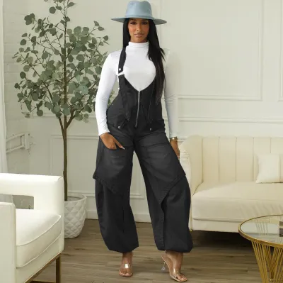 Women's Casual Denim Overalls with Zipper and Wide Leg