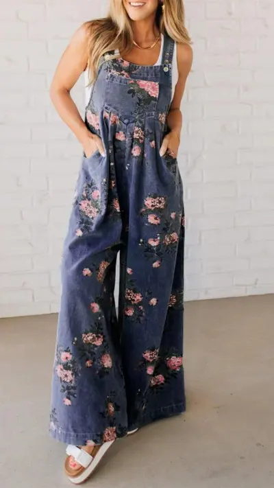 Women Casual Floral Print Denim Overalls Wide Leg Sleeveless