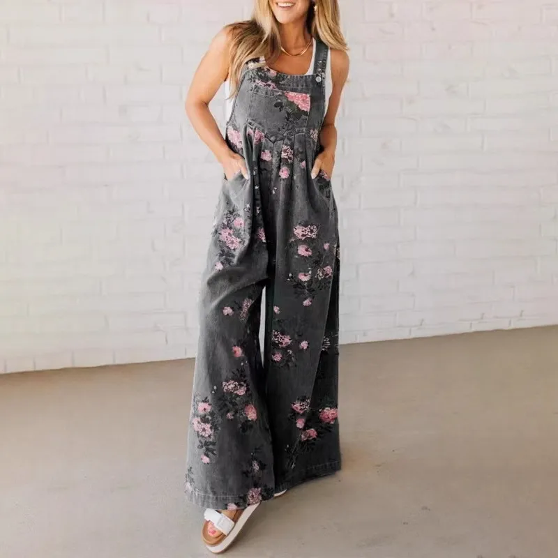 Women Casual Floral Print Denim Overalls Wide Leg Sleeveless