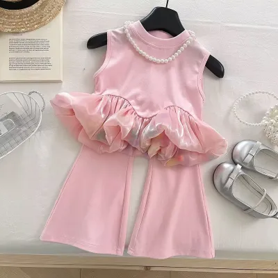 Kids Girl Fashion Stitching Vest Micro-Flared Thin Pants Two-Piece Set Cotton Solid Color Sleeveless