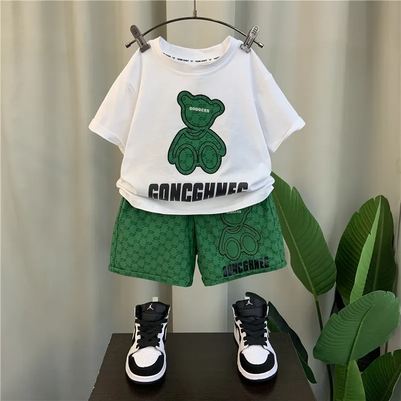 Boys' Casual Bear Print Short Sleeve T-Shirt Ice Silk Shorts Two Piece Set (3-14T)