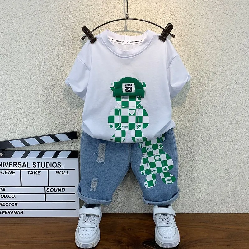 Kids Boys Fashion Casual Bear Printed Short-Sleeve T-Shirt Jeans Two-Piece Set