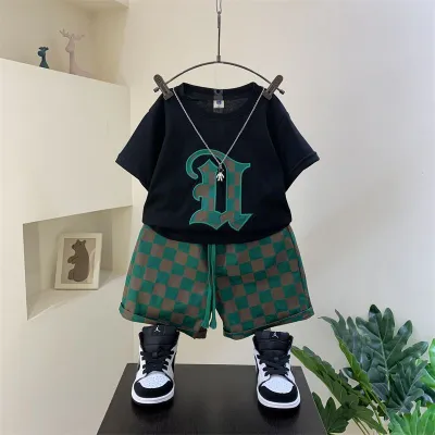 Kids Boys' Casual Corduroy Plaid Printed Short-Sleeve T-Shirt and Loose Shorts Two-Piece Set