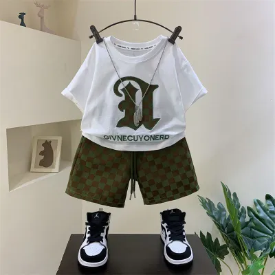 Kids Boys' Casual Corduroy Plaid Printed Short-Sleeve T-Shirt and Loose Shorts Two-Piece Set
