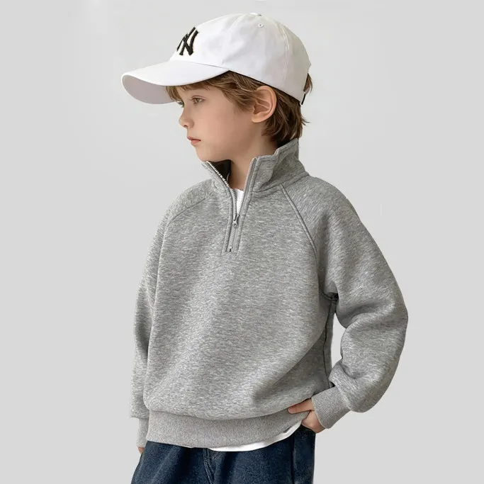 Kids Boys' Fashion Casual Solid Color Zipper Stand Collar Thick Long-Sleeve Sweatshirt