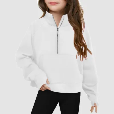 Kids Girls' Fashion Casual Autumn Solid Color Half-Zipper Long-Sleeve Loose Sweatshirt