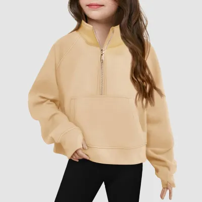 Kids Girls' Fashion Casual Autumn Solid Color Half-Zipper Long-Sleeve Loose Sweatshirt