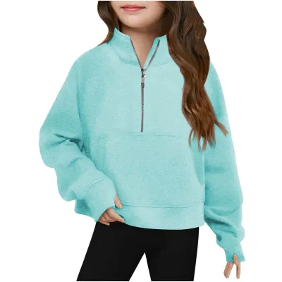 Kids Girls' Fashion Casual Autumn Solid Color Half-Zipper Long-Sleeve Loose Sweatshirt