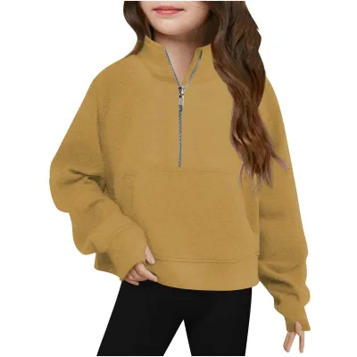 Kids Girls' Fashion Casual Autumn Solid Color Half-Zipper Long-Sleeve Loose Sweatshirt