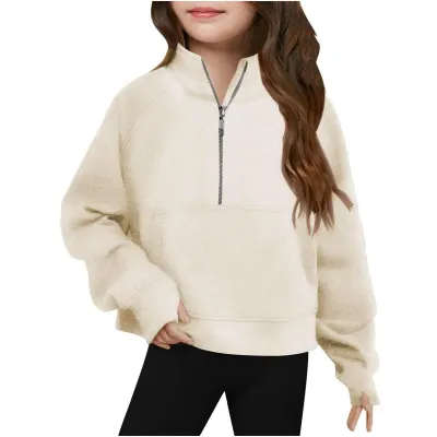 Kids Girls' Fashion Casual Autumn Solid Color Half-Zipper Long-Sleeve Loose Sweatshirt