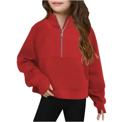 Kids Girls' Fashion Casual Autumn Solid Color Half-Zipper Long-Sleeve Loose Sweatshirt