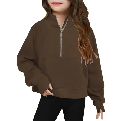 Kids Girls' Fashion Casual Autumn Solid Color Half-Zipper Long-Sleeve Loose Sweatshirt