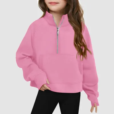 Kids Girls' Fashion Casual Autumn Solid Color Half-Zipper Long-Sleeve Loose Sweatshirt