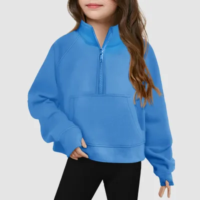 Kids Girls' Fashion Casual Autumn Solid Color Half-Zipper Long-Sleeve Loose Sweatshirt